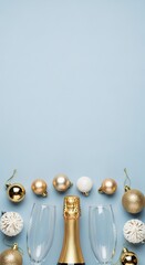 A festive arrangement featuring champagne, elegant glasses, and decorative ornaments on a soft blue background, mockup celebrations.