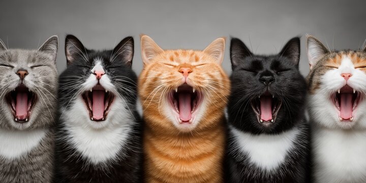 5匹の異なる色の猫が並んで同時に大きなあくびをしているクローズアップ | Close-up portrait of five different colored cats lined up yawning simultaneously against a plain background