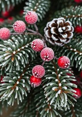 Frost-covered evergreen branches adorned with vibrant red berries and a pine cone, mockup festive winter scene.