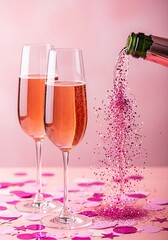 Two elegant champagne flutes are filled with sparkling rose wine, with vibrant pink confetti scattered around on a soft pink mockup background.