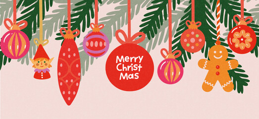 Merry Christmas and Happy New Year greeting card or banner. Modern beautiful Xmas design, Christmas tree branches, balls and toys. Art poster, cover, decor templates	
