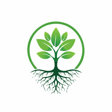 Green tree logo with leaves and roots inside circle graphic design