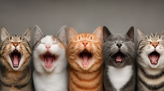 5匹の異なる種類の猫が並んで大きなあくびをしているクローズアップポートレート | Close-up portrait of five different breed cats lined up and yawning widely