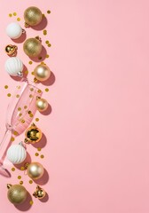 A festive arrangement featuring decorative baubles and a champagne glass on a pink background, mockup celebrations.