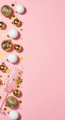Festive decorations including gold and white ornaments, confetti, and a champagne flute set against a pink background, mockup celebrations.