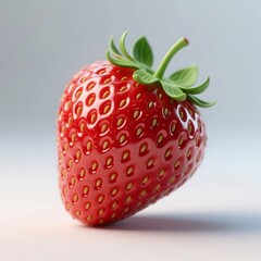 A single, vibrant red strawberry with fresh green leaves, isolated on a soft gradient background