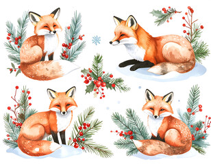 Four foxes posing amidst winter foliage on a snowy white background