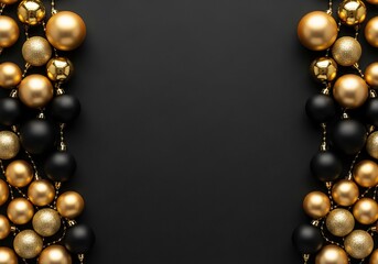 A decorative mockup arrangement of black and gold spheres on a black background, festive elegant visual frame.