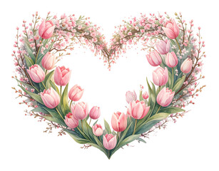 Tender tulips and spring blossoms frame a heart shape of love