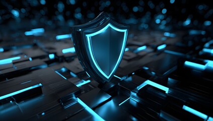 Glowing neon blue shield emblem symbolizing digital security and cyber protection against online threats and data breaches isolated on transparent background