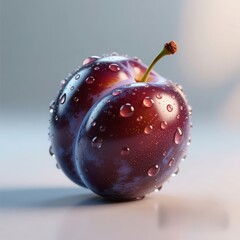 A glossy, ripe plum with water droplets on its skin, isolated on a soft, neutral background
