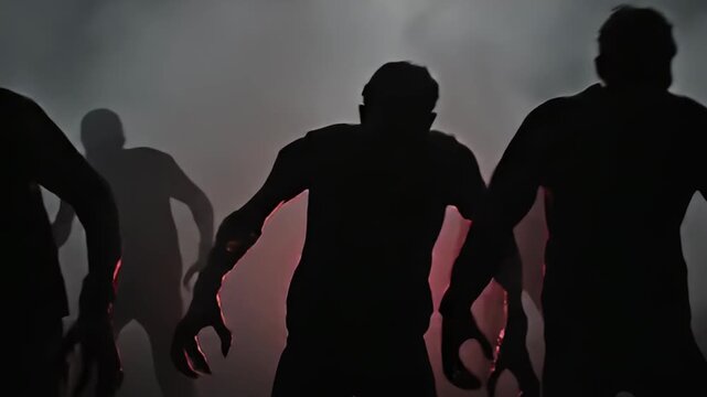 undead silhouettes creeping forward in mysterious fog
