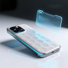 A futuristic smartphone with a glowing blue hexagonal pattern and a holographic interface, set against a dark background