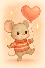 Mouse happily walking with a heart balloon on a bright cheerful day