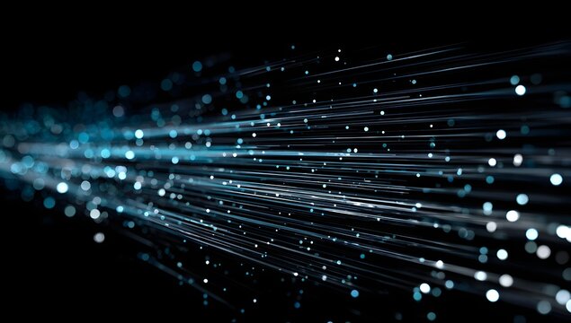 Abstract digital light streaks and glowing particles creating a sense of fast movement and data flow isolated on transparent background