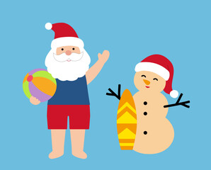 Set of Beach Christmas santa claus and Sand Snowman  flat vector illustration.
Summer christmas cartoon clipart.