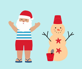 Set of Beach Christmas santa claus and Sand Snowman  flat vector illustration.
Summer christmas cartoon clipart.