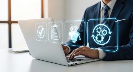 Digital transformation consulting, A businessman using a laptop, with holographic icons representing AI, automation, and task management displayed on the screen.