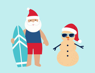 Set of Beach Christmas santa claus and Sand Snowman  flat vector illustration.
Summer christmas cartoon clipart.