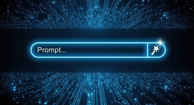Digital transformation consulting, A digital interface with a glowing search bar and a background of blue circuitry, technology and information retrieval.