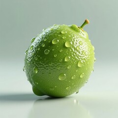 A fresh, vibrant lime with glistening water droplets on its textured peel, isolated on a soft green background