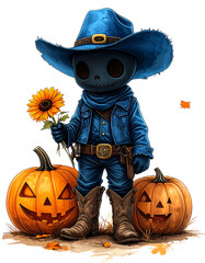 Cowboy skeleton shares a sunflower with some carved pumpkins