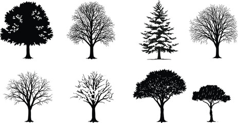 Tree silhouettes, deciduous, conifer, shrubs, forest, woodland, foliage, seasonal, landscape, circular frame, 