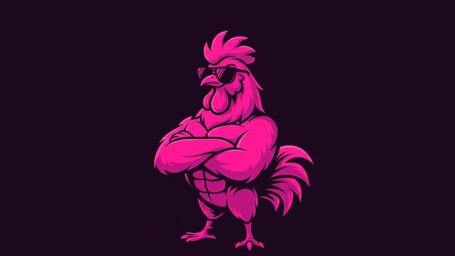 Stylized rooster with sunglasses in vibrant pink over dark background