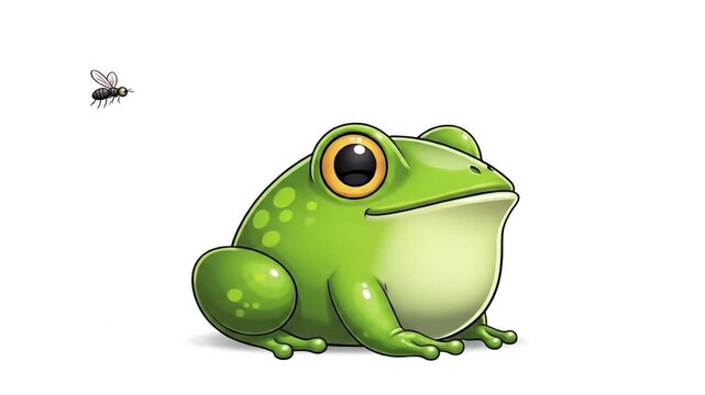 Cartoon frog illustration with fly green amphibian on white background
