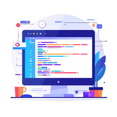 Computer Screen Displaying Code with Cup and Plant on Desk with White Background