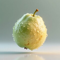 A fresh, ripe guava with water droplets on its smooth skin, isolated on a soft green background