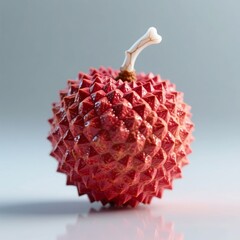 A glossy, ripe lychee with a bumpy red shell and a white stem, isolated on a soft gray background