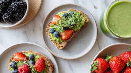 Beautifully Arranged Healthy Breakfast with Avocado Toast and Fresh Berries on Marble Table