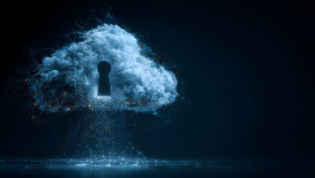 Abstract digital art of a glowing blue cloud formation with a keyhole symbol emerging from its center isolated on transparent background