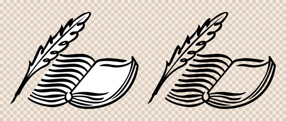 Fototapeta premium An open book with a pen, symbolizing literature, writing, language, and knowledge. An elegant icon in vintage style. Can be used as a symbol for a notary or library. EPS10 Vector illustrations