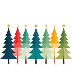 Obraz premium Row of Festive Colorful Christmas Trees with Gold Stars on White Background Holiday Graphic Art