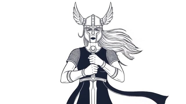 Woman with winged helmet holding sword vector illustration
