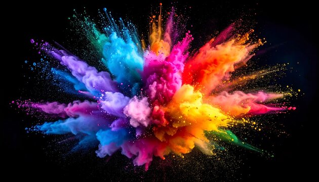 Vibrant explosion of colorful powder against a black backdrop, radiating outward