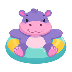 Cute Purple Hippopotamus Sitting Inside a Turquoise Swimming Pool Float Ring on a White Background