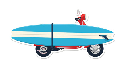 Illustration of a red scooter with a blue surfboard strapped on top, ready for a beach adventure.