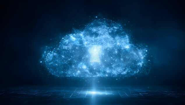 Abstract glowing blue energy cloud emanating light with digital data streams flowing upwards isolated on transparent background