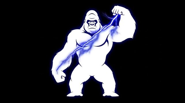 White gorilla illustration flexing muscles with lightning on a black background