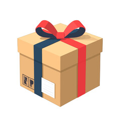 Obraz premium Isometric Brown Package with Red Bow and Dark Blue Ribbon on White Background