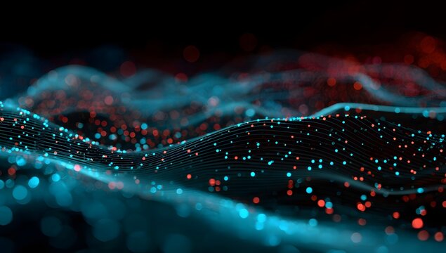 Abstract glowing digital particles forming ethereal waves and undulating landscapes of light and color isolated on transparent background