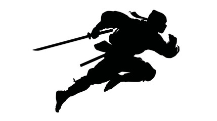 Silhouette of a ninja in dynamic running pose with drawn sword © Mangku