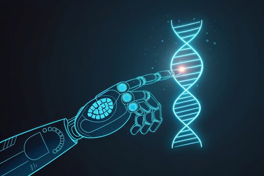 Robot Hand Touching Glowing DNA Strand in Futuristic Display