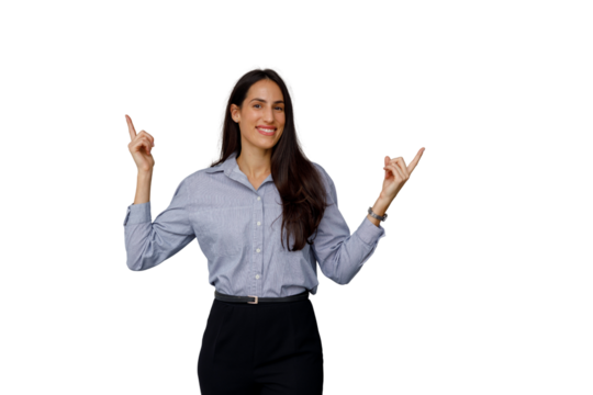 Businesswoman pointing fingers up, showing upward trends, success, and advertising a new idea on transparent background
