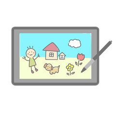 子供の落書きが描かれたタブレットデバイス