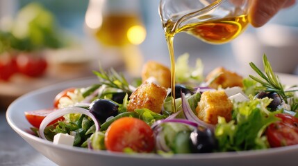 Hand Drizzling Olive Oil Over Fresh Mediterranean Salad with Colorful Vegetables and Croutons