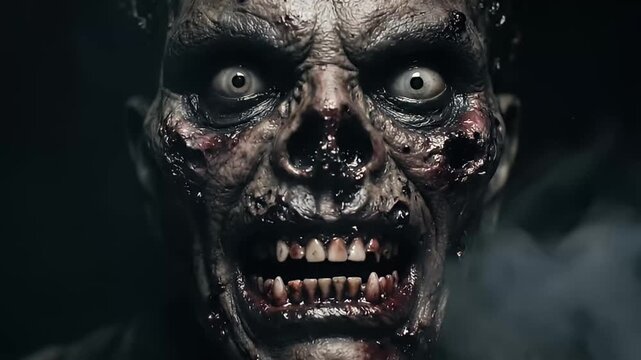 horrifying zombie face close-up with scary eyes